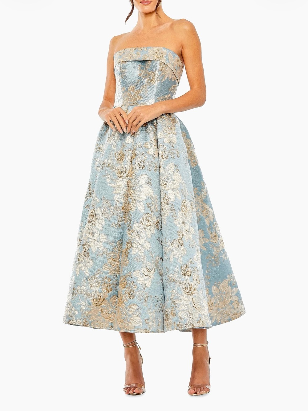 Mac Duggal Powder Blue and Gold Floral Brocade Formal Dress